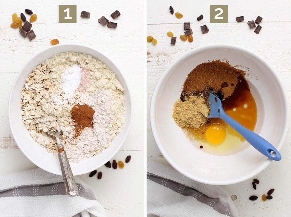Step 1 shows combining the dry ingredients in a bowl, and step 2 shows combining the wet ingredients in another bowl.