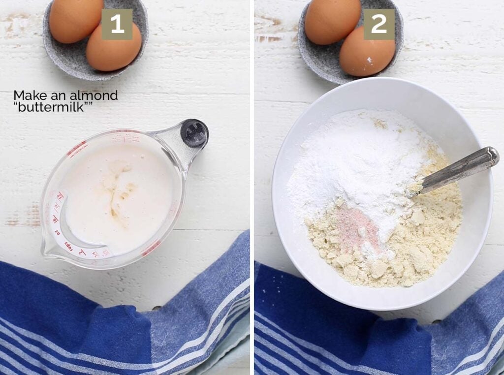 Step 1 shows to make an almond milk buttermilk, and step 2 shows mixing together the dry ingredients.