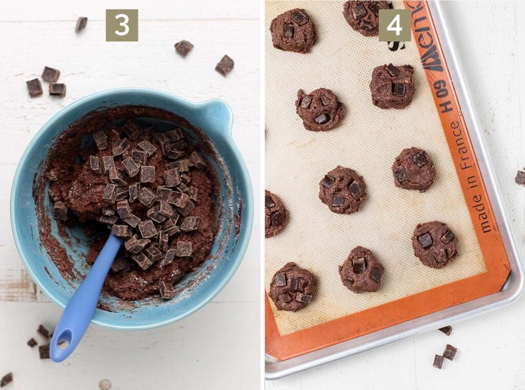 Step 3 shows to fold in the chocolate chunks, and step 4 shows to add cookie dough to a baking tray.