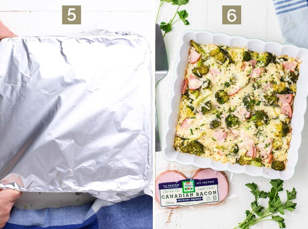 Step 5 shows to cover the dish with foil, and step 6 shows a baked casserole.