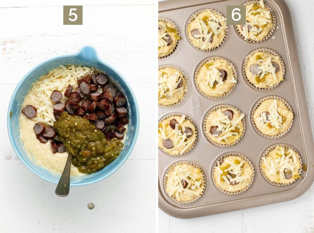 Step 5 shows to add cut sausage, green chilis, and cheddar cheese to the batter, step 6 shows to fill the muffin tins with the batter.