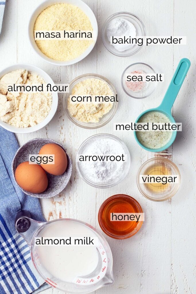 The ingredients shown with labels used to make gluten free cornbread.