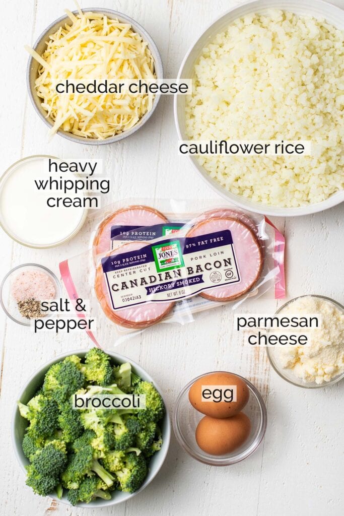 The ingredients needed to make a keto broccoli casserole.