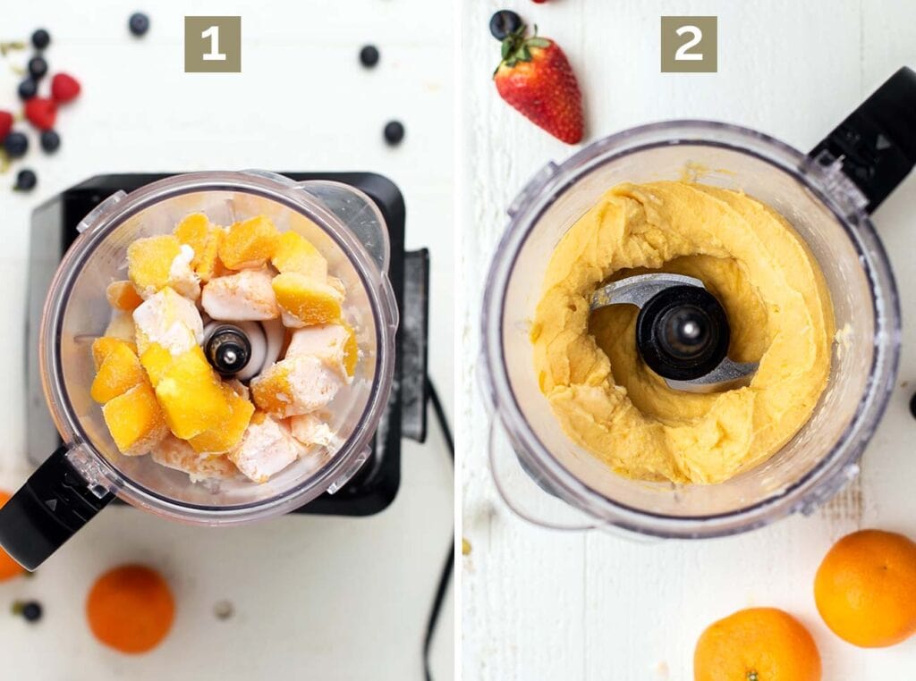 Step 1 shows adding oranges, mango, banana and coconut milk to a food processor, and step 2 shows processing it until it's smooth.