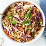 A delicious chicken pasta salad with Asian style veggies and a Thai peanut sauce dressing.