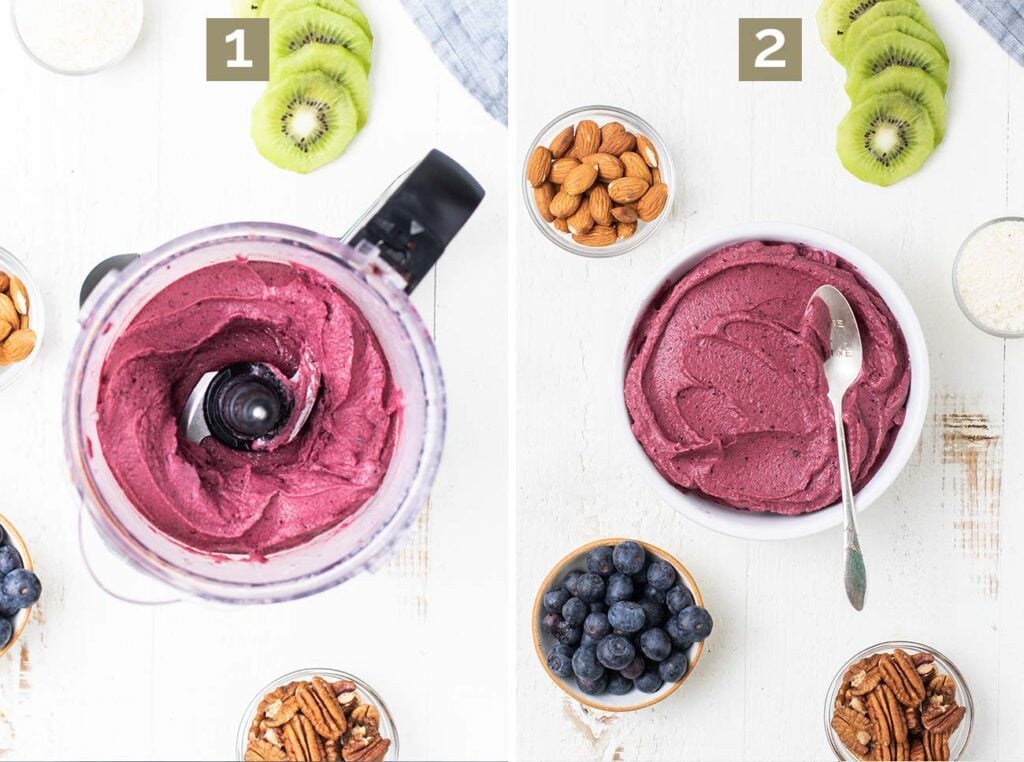 Step 1 shows adding frozen fruit and coconut milk to a food processor and processing it until smooth, and step 2 shows adding it to a bowl and choosing toppings.