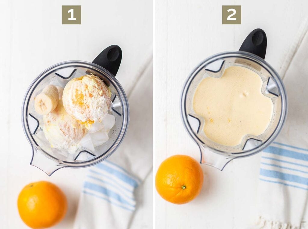 Step 1 shows adding all the ingredients, including whole peeled oranges, to a blender. Step 2 shows blending it to a creamy consistency.