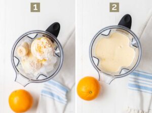 Step 1 shows adding all the ingredients, including whole peeled oranges, to a blender. Step 2 shows blending it to a creamy consistency.