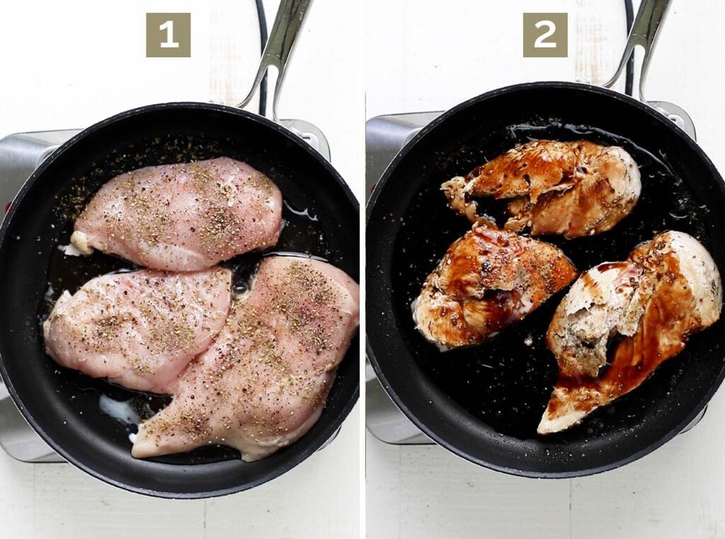 Step 1 shows browning and seasoning the chicken breasts, and step 2 shows adding the balsamic vinegar.