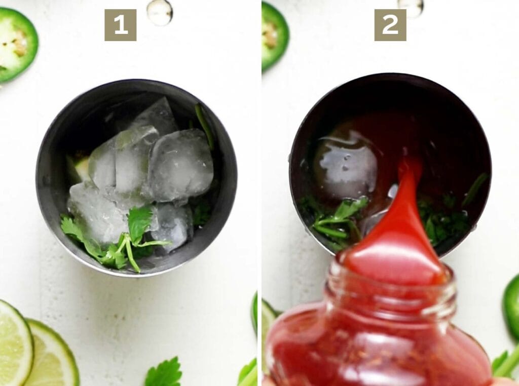 Step 1 shows muddling lime and cilantro with ice and tequila, and step 2 shows adding tomato juice and spices.