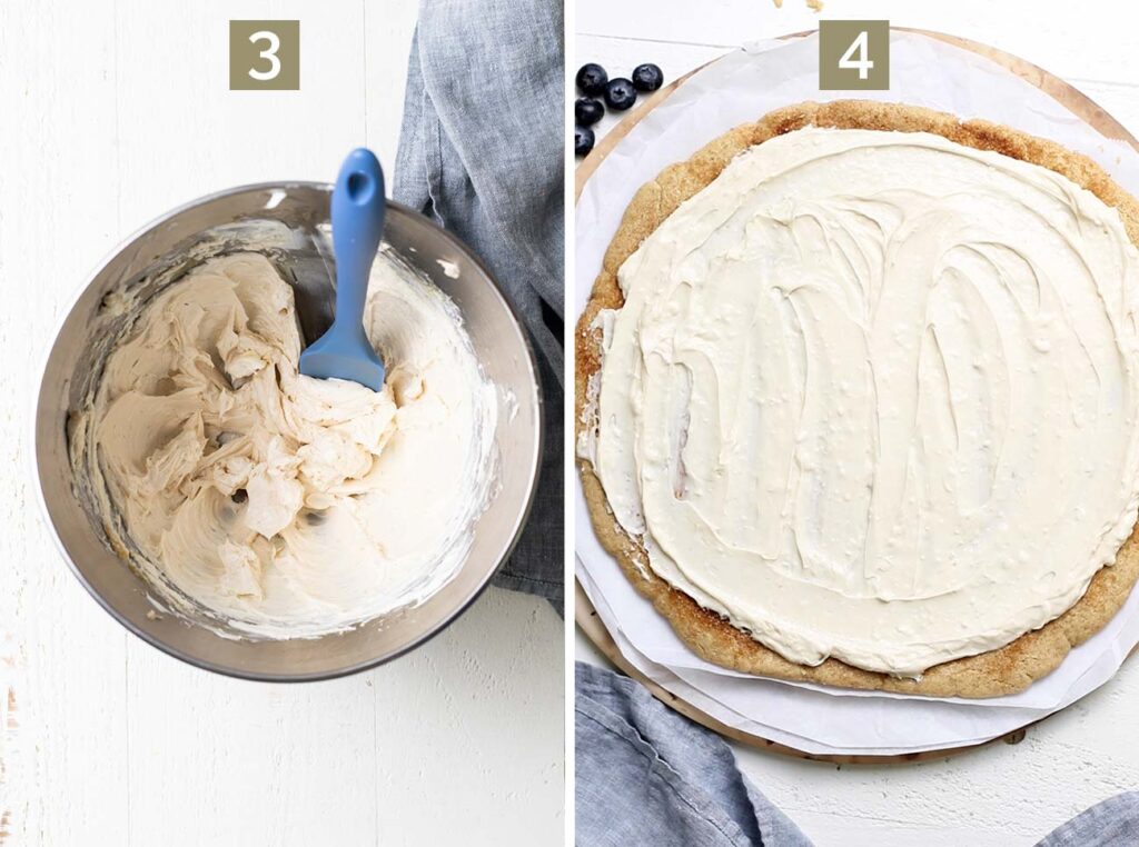 Step 3 shows making a cream cheese frosting, and step 4 shows frosting the chilled cookie.