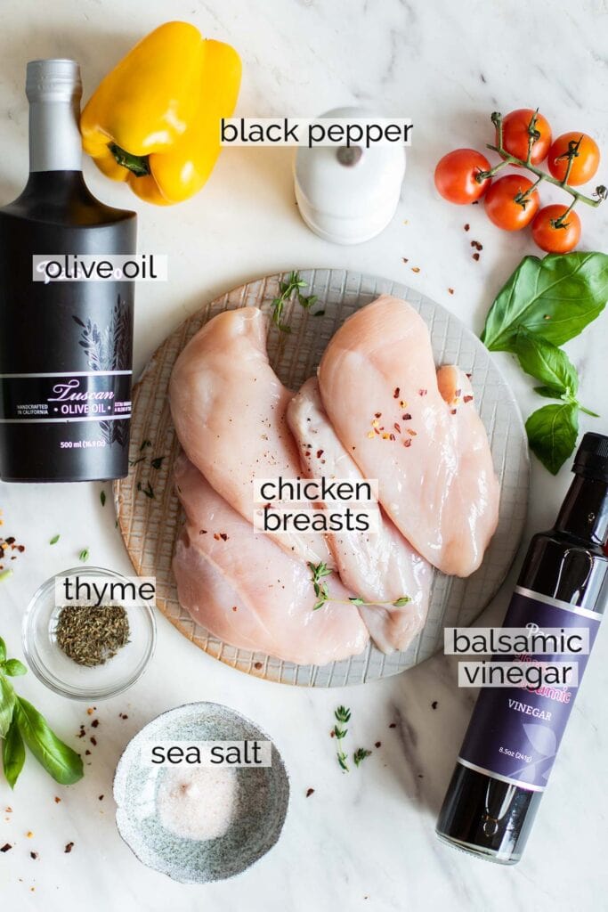 The ingredients needed to make balsamic chicken breasts.