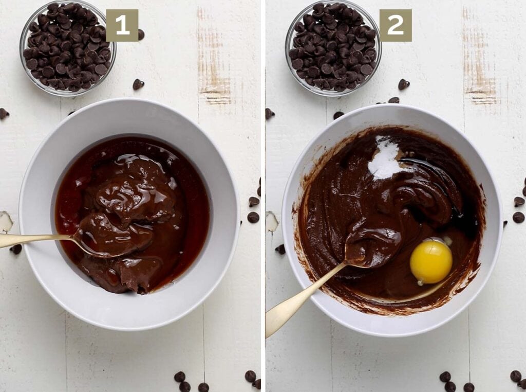 Step 1 shows to add the SunButter, maple syrup and coconut oil to a bowl, and step 2 shows adding egg and vanilla.