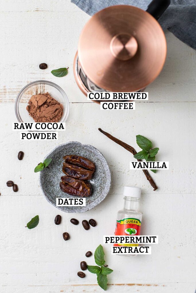 The ingredients needed to make a peppermint coconut milk iced mocha.