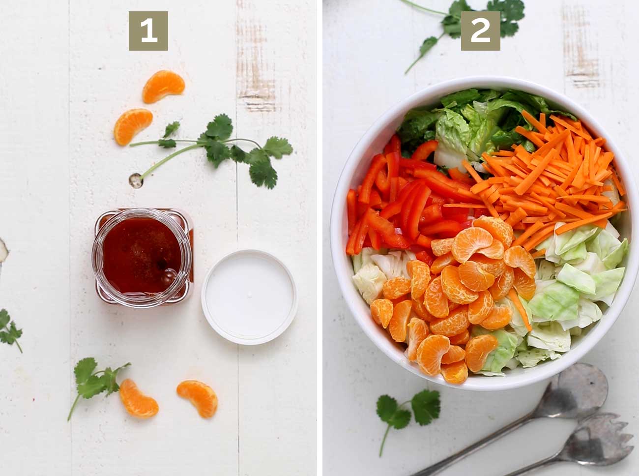 Step 1 shows combining the dressing ingredients and tossing to combine. Step 2 shows layering the veggies in a salad bowl.