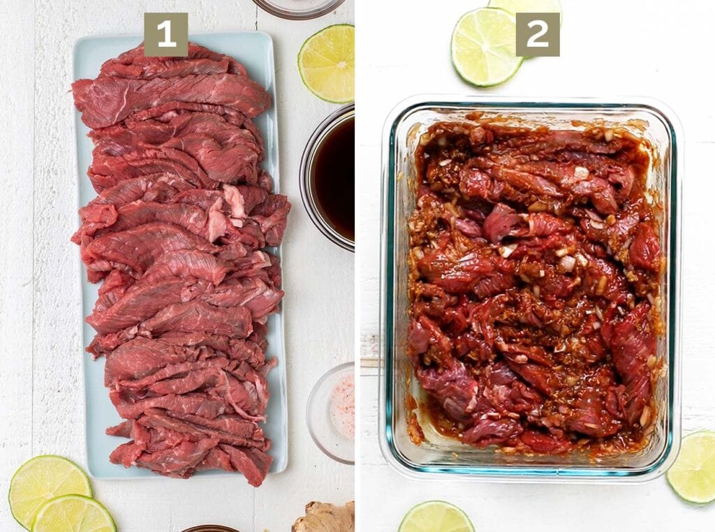 Step 1 shows cutting the beef thinly across the grain, and step 2 shows marinating the beef.
