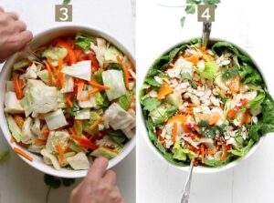 Tossing the vegetables with the cabbage salad dressing Garnishing the salad with almonds and sesame seeds.