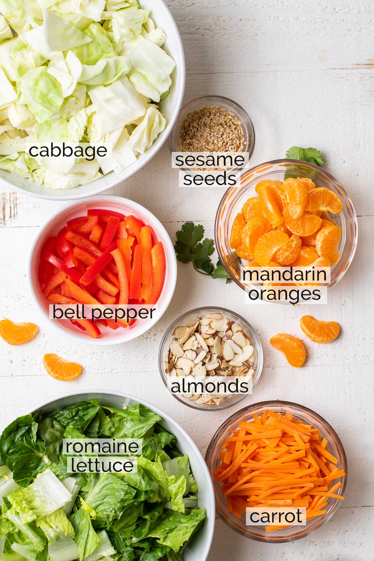 The ingredients for this cabbage salad shown chopped and in bowls, ready to combine.