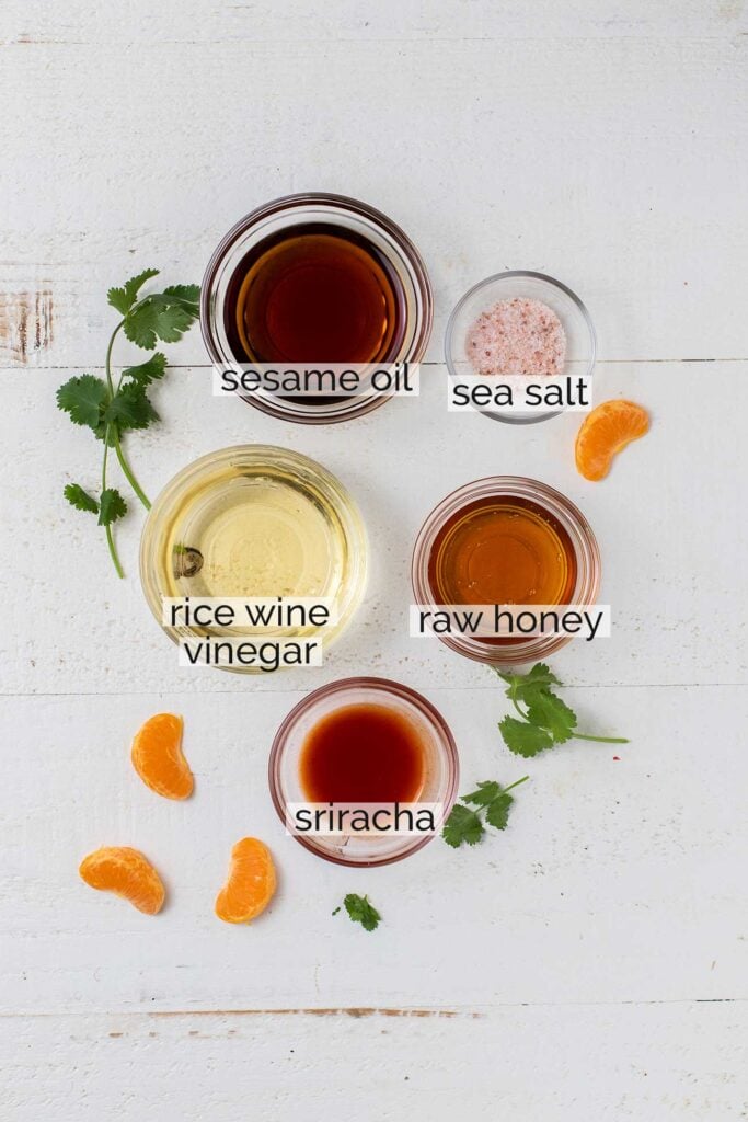 The ingredients measured out to make a cabbage salad dressing.