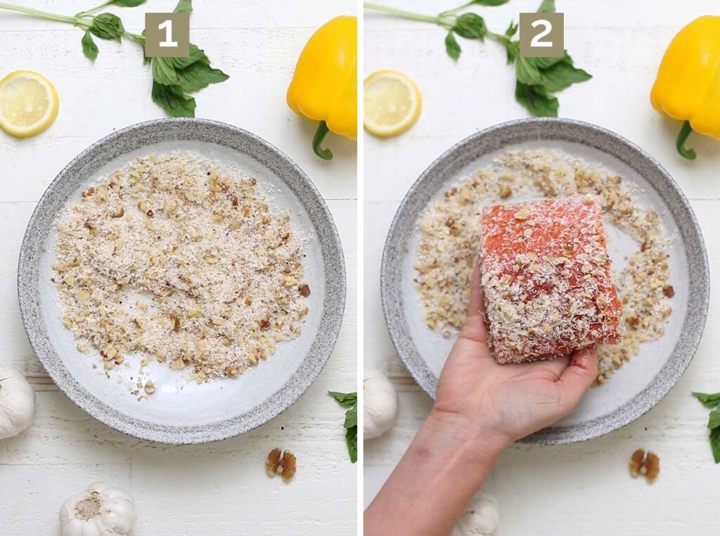 Step 1 shows adding walnuts and parmesan to a dish to combine it, and step 2 shows coating the top of each piece of salmon in the mixture.