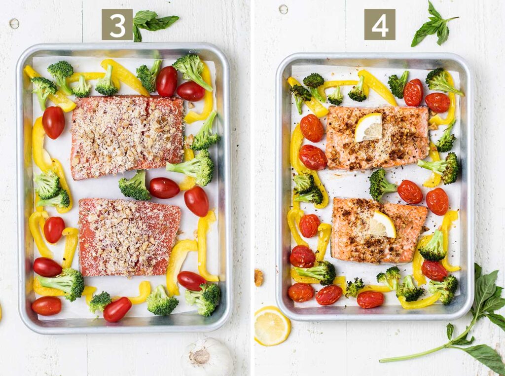 Step 3 shows adding the salmon and veggies to a baking dish, and step 4 shows baking the dish.