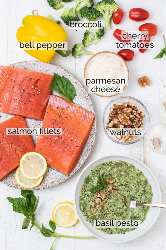 A photo showing the 5 simple ingredients needed to make this special baked salmon recipe.