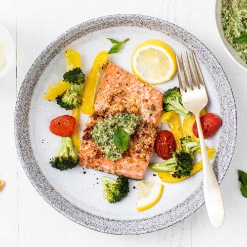 Baked Pesto Salmon - Healthy Salmon with Pesto and a Parmesan Crust