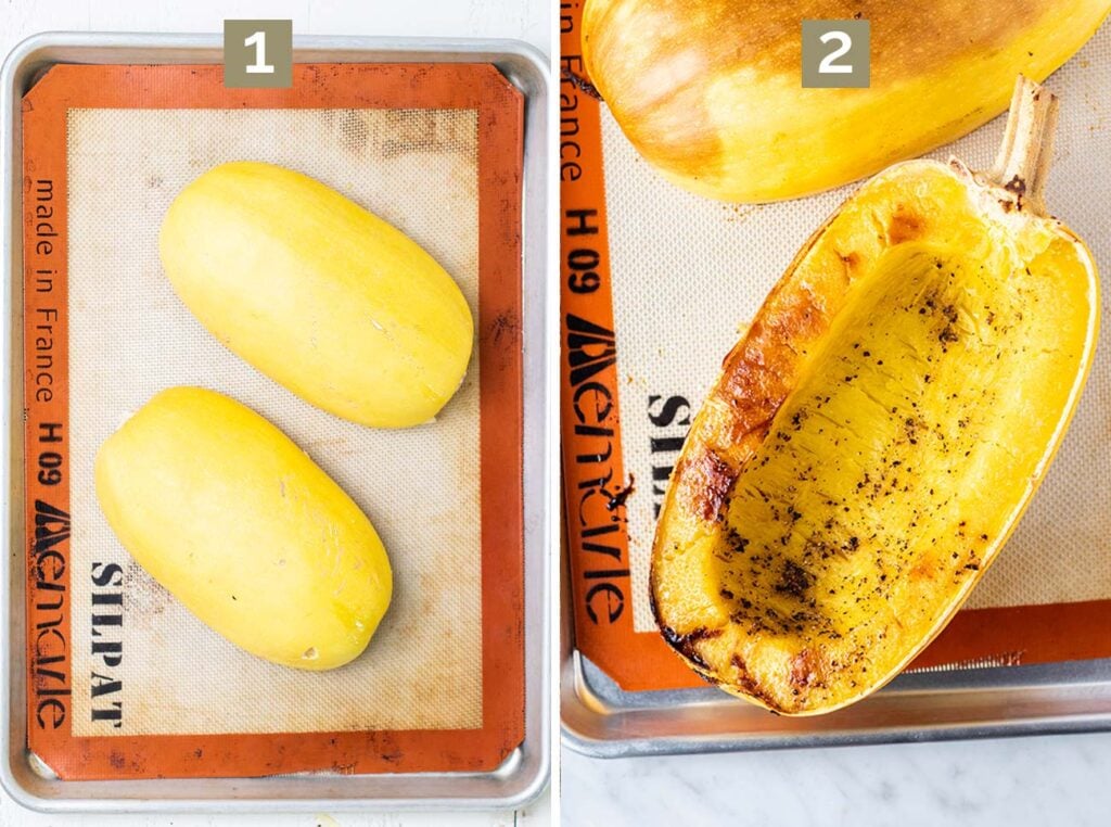 Step 1 shows to place the squash flesh down on a baking pan, and step 2 shows to bake it for 45 minutes.