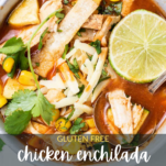 A close up look at a bowl of chicken enchilada soup with lots of garnishes.