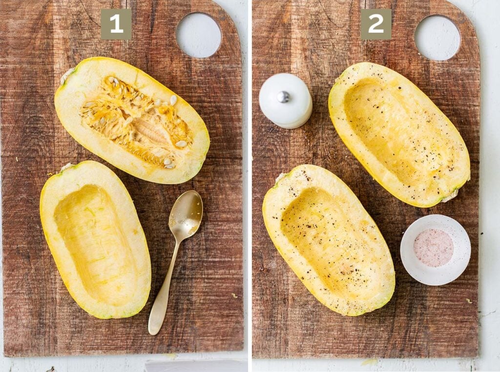 Step 1 shows to remove the seeds from the cut squash, and step 2 shows to season it with oil, salt and pepper.