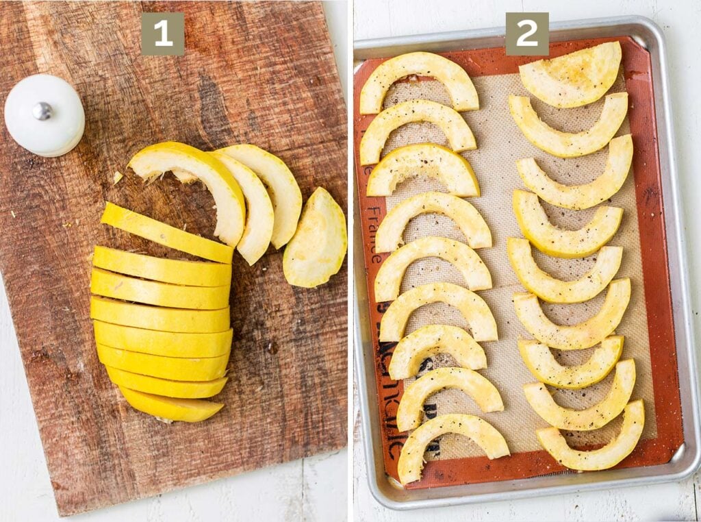 Step 1 shows to cut the squash in thin sections, and step 2 shows to lay them out on a baking tray and season them.