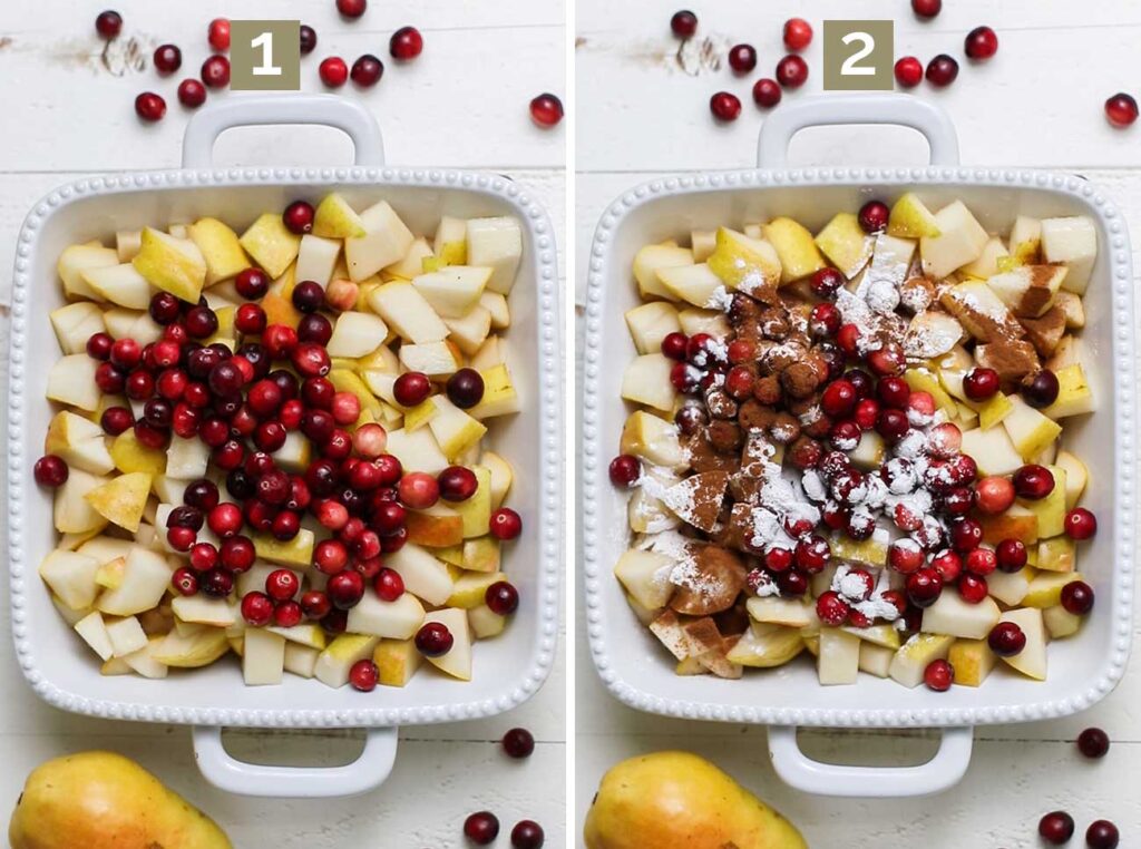 Chopped pears and cranberries in a baking dish.