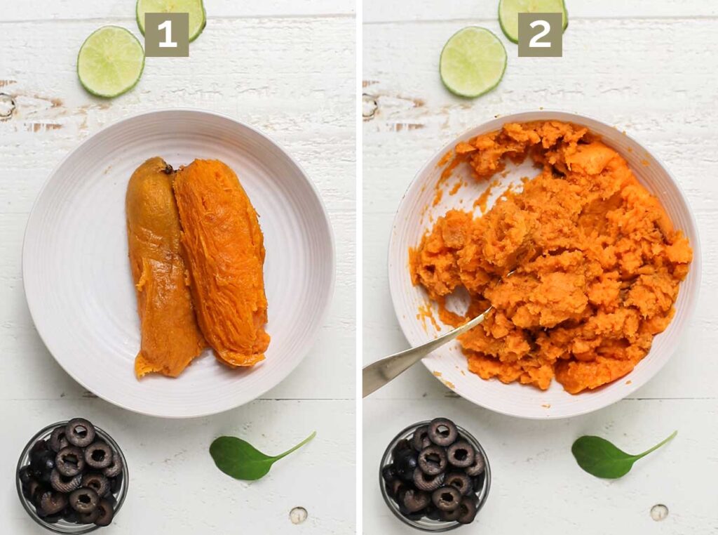 Step 1 shows to add roasted sweet potatoes to a bowl, and step 2 shows to mash the potatoes with spices.