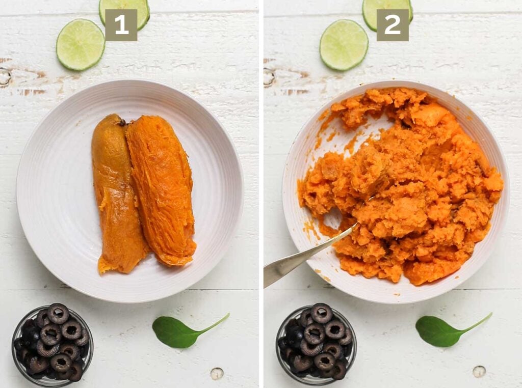 Step 1 shows to add roasted sweet potatoes to a bowl, and step 2 shows to mash the potatoes with spices.