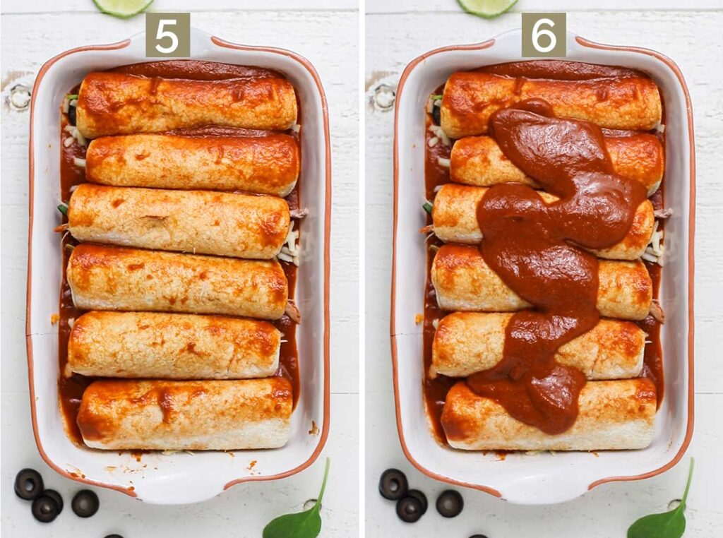 Step 5 shows to repeat with all the tortillas, and step 6 shows to add extra enchilada sauce on top.