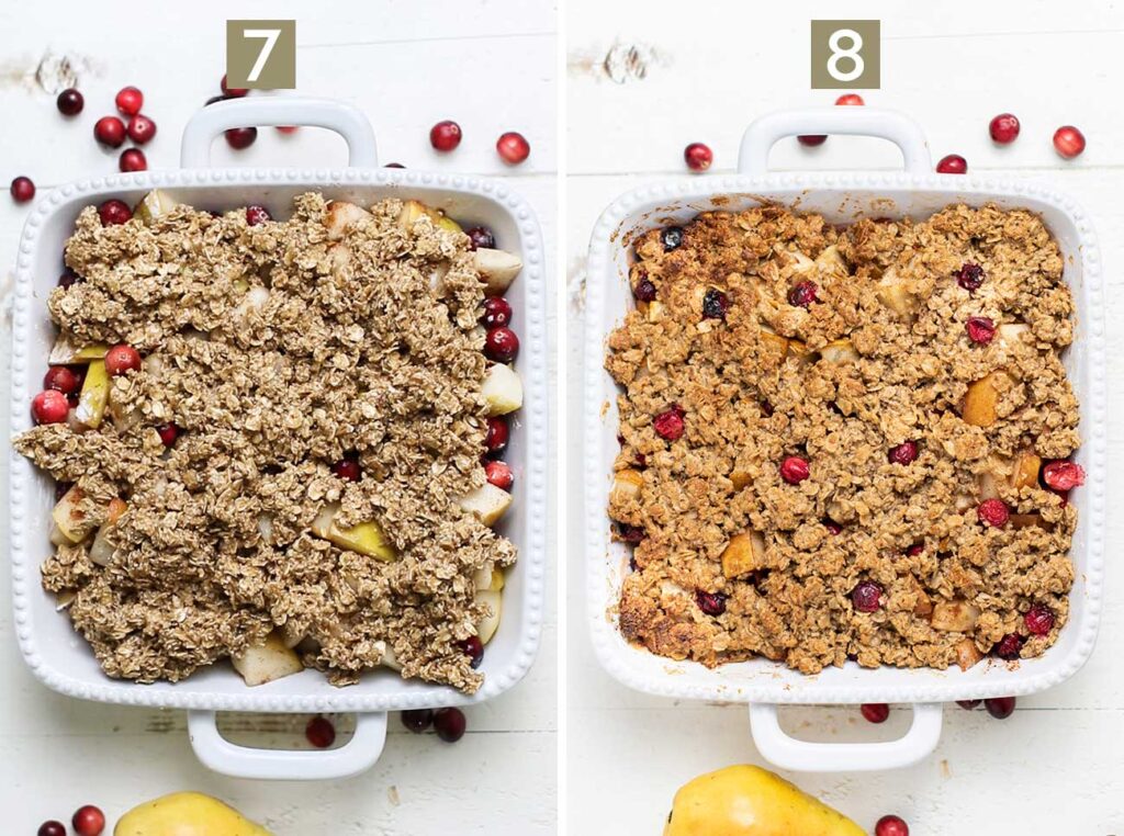 Step 7 shows adding the oatmeal topping to the fruit, and step 8 shows baking the crisp until the topping has browned.