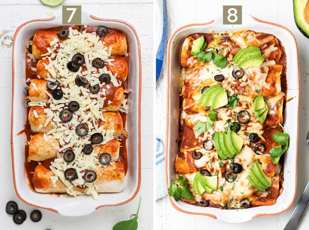 Top the casserole with extra cheese and olives, and then bake the enchiladas for 45 minutes.