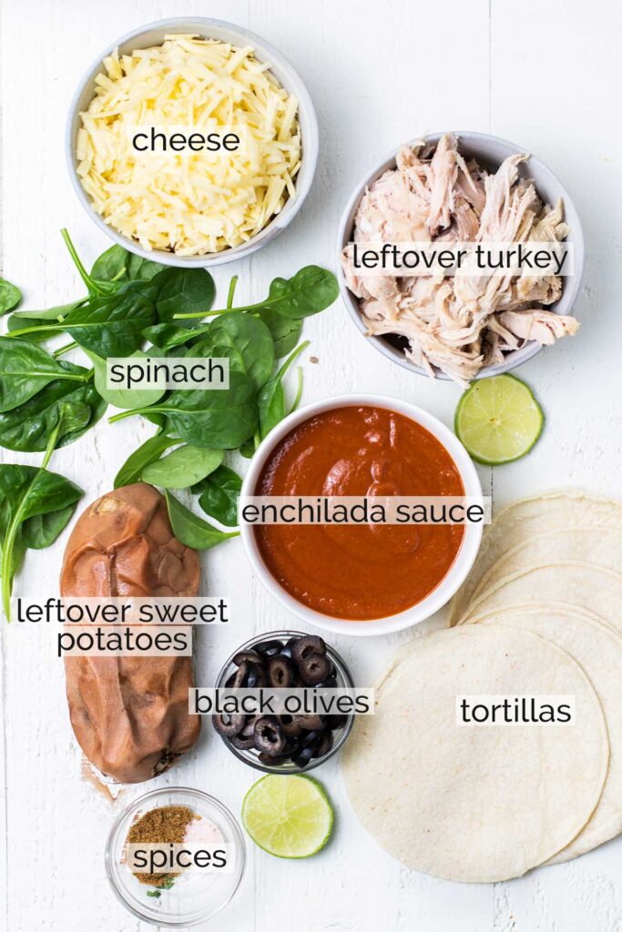 The ingredients needed prepare leftover turkey enchiladas.
