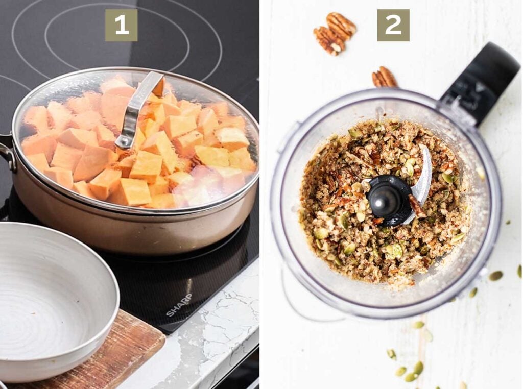 Step 1 shows how to steam the sweet potatoes, and step 2 shows making the pecan topping.