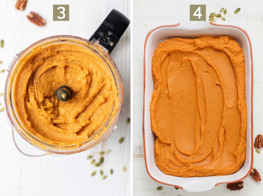 Step 3 shows making the sweet potato puree in a food processor, and step 4 shows adding the sweet potato mixture to a baking dish.