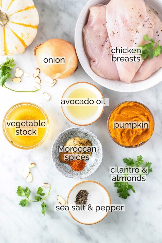 The ingredients needed to make Moroccan Pumpkin Chicken.