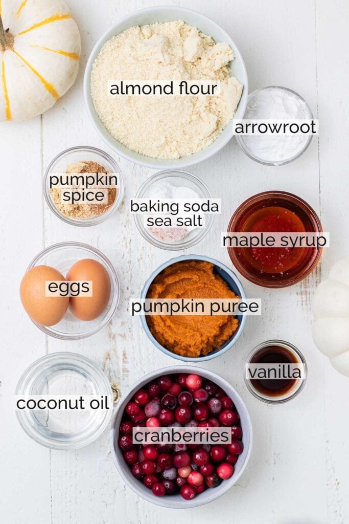 The ingredients needed for a pumpkin coffee cake shown with labels.