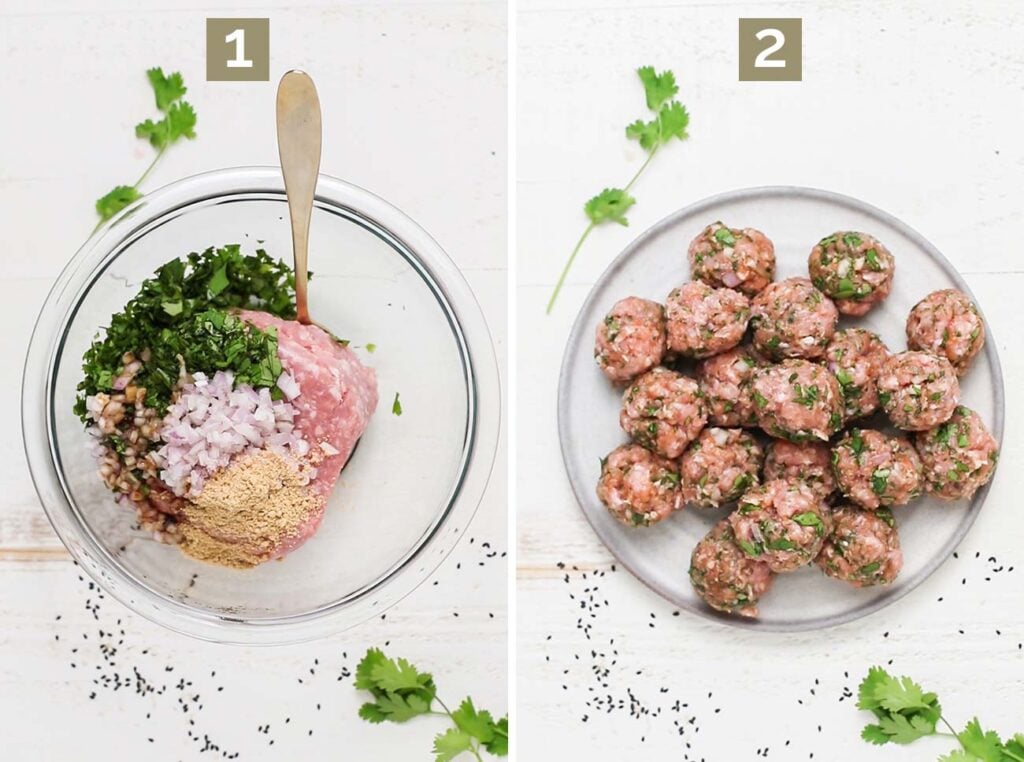 Step 1 shows adding the ground pork and meatball additions into a bowl to mix, and step 2 shows forming the meat into balls.