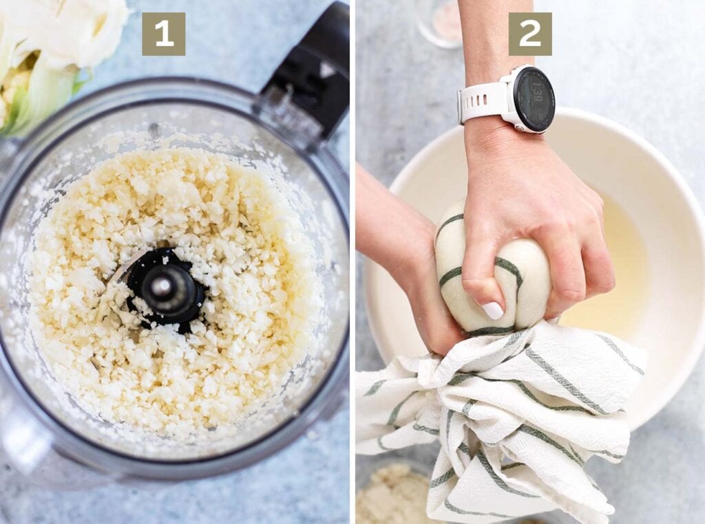 Step 1 shows chopping the cauliflower into rice sized grains, and step 2 shows steaming the cauliflower and squeezing out the moisture.