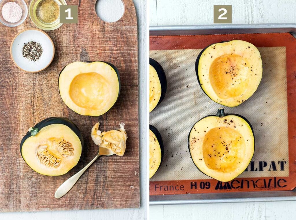 Step 1 shows cutting the squash and removing the seeds, and step 2 shows seasoning the squash with oil and salt and pepper.