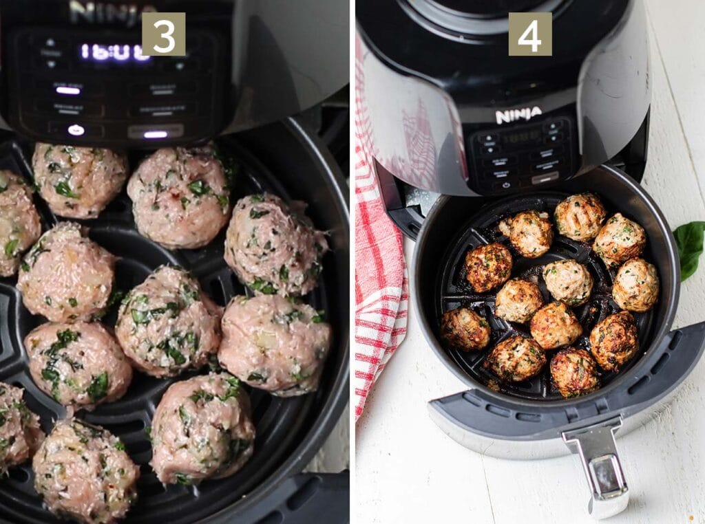 Step 3 shows adding the meatballs to an air fryer, and step 4 shows air frying them for 12 minutes.