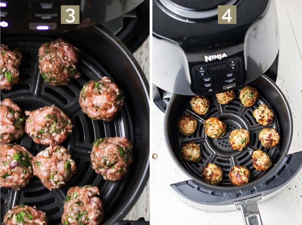Step 3 shows adding the meatballs into a preheated air fryer. Step 4 shows air frying the meatballs until cooked through.