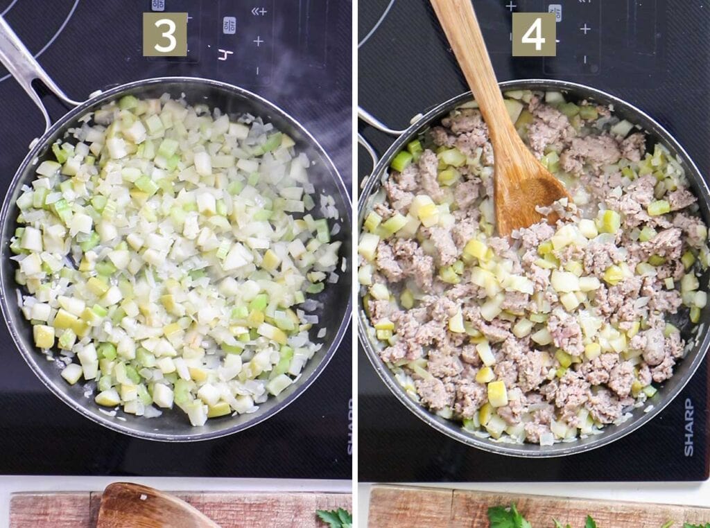Step 3 shows sauteing the onions and celery, and step 3 shows browning the sausage.