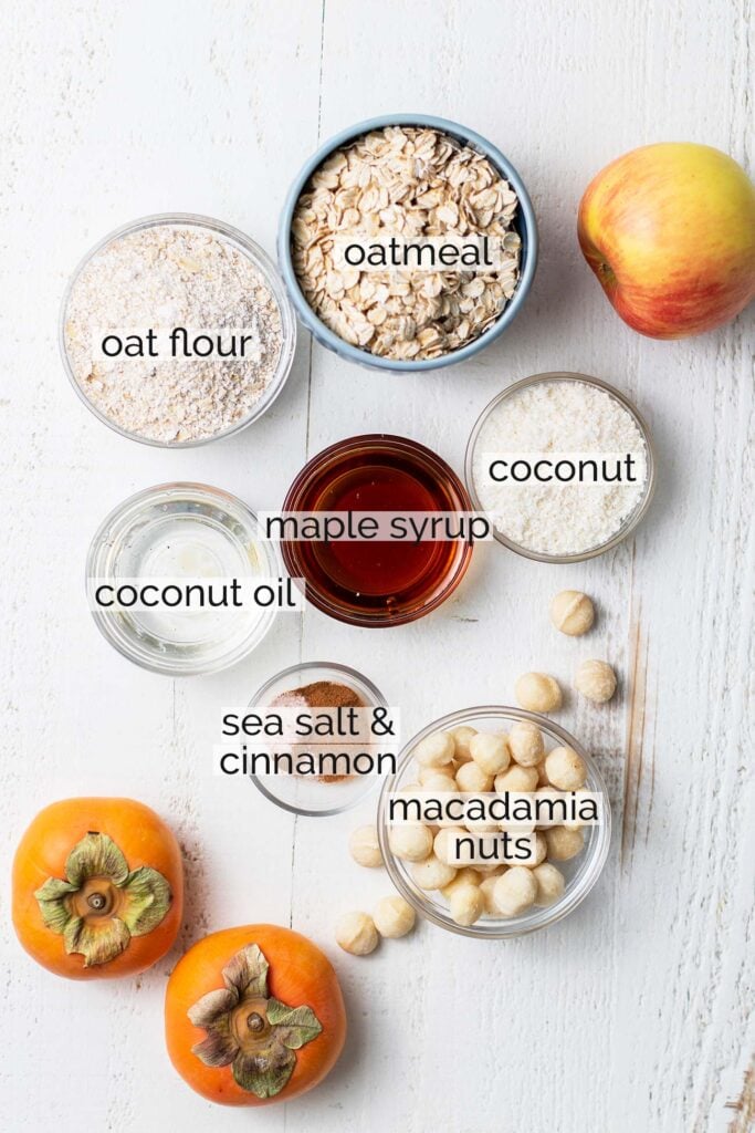 The ingredients needed to prepare the crisp topping for this dessert shown with labels.