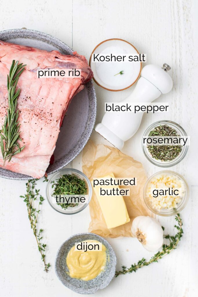 The ingredients needed to make a garlic herb prime rib.